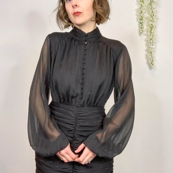 NWT HOUSE OF HARLOW 1960 glam boho button front high neck balloon sleeve 3056 - Picture 12 of 13